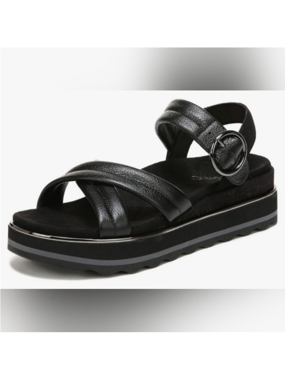 MAKE AN OFFER - VIONIC Phoenix Reyna Black Leather Platform Crisscross Sandal - Picture 1 of 8